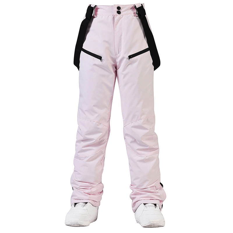 Waterproof warm snowboarding trousers with waist protection in light pink, featuring adjustable waist and zipper pockets for extra functionality.